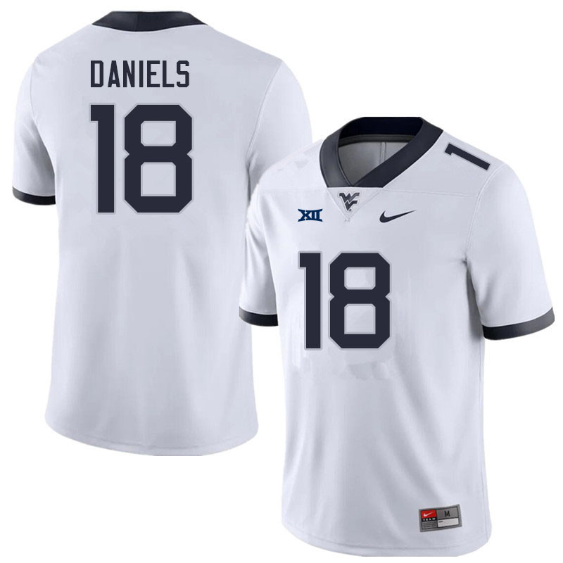 Men #18 JT Daniels West Virginia Mountaineers College Football Jerseys Sale-White - Click Image to Close